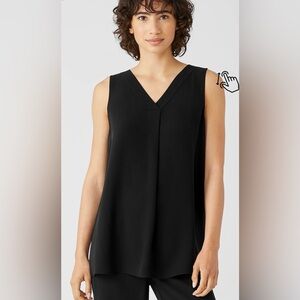 Eileen Fisher Silk Georgette Crepe Ballet Neck Tank Pleated Black Size Small